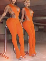 Sisterlinda Sexy Wild Style 2Piece Set Women Deep V-Neck Sleeveless Irregular Bodysuit+Skinny Peach Hip Pant Street Fashion Suit - Image 3