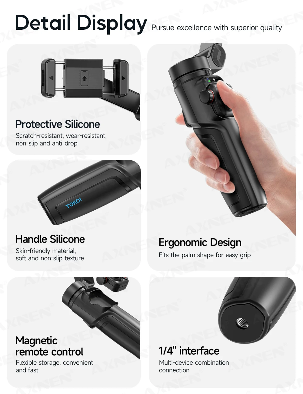 3-osiowy ręczny stabilizator gimbala z funkcją śledzenia twarzy AI, wbudowany teleskopowy pręt, smartfon, iPhone, Android, antywstrząsowy_voghion.com