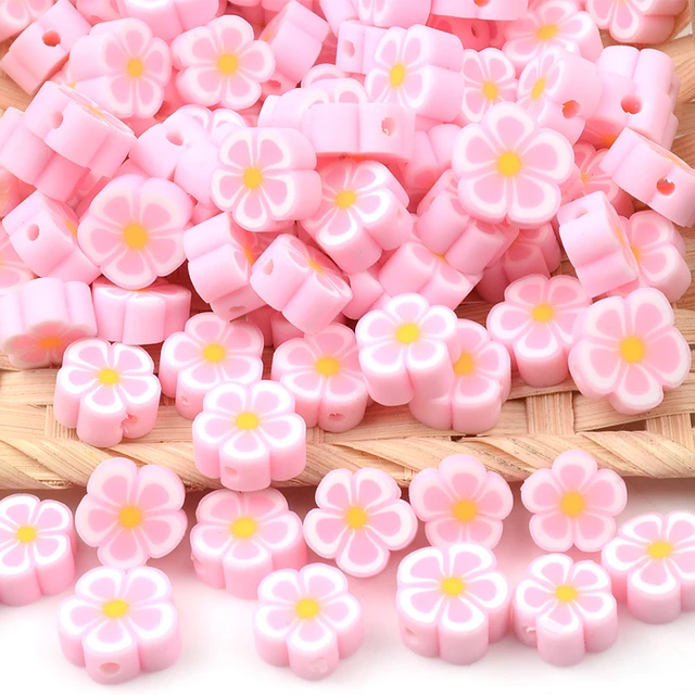 30pcs/Lot Pink Flower Beads Polymer Clay Beads Loose Spacer Beads for