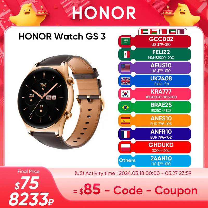 Global Versio Honor Watch Gs 3 Gs3 3D-Smartwatch In Vetro Curvo Gs3 Schermo Amoled Da 1.43 "Orologio Con Monitoraggio Accurato Della Salute A 8 Canali