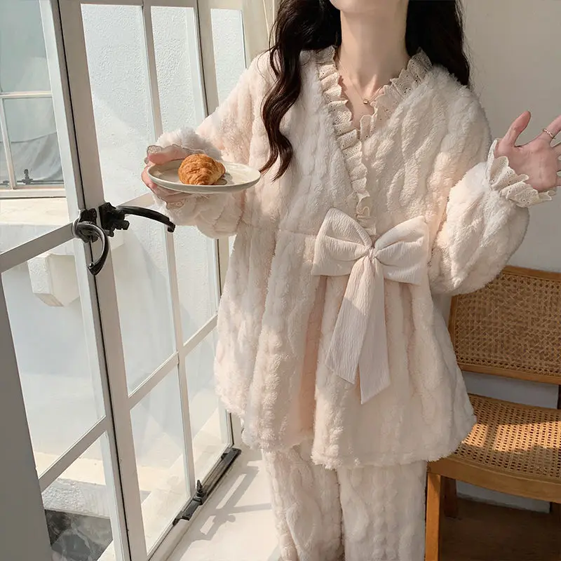 Coral fleece Women pajamas Princess Lace bow Jacquard pattern Fall winter  Add fleece  Flannel plush Long sleeve pant cover