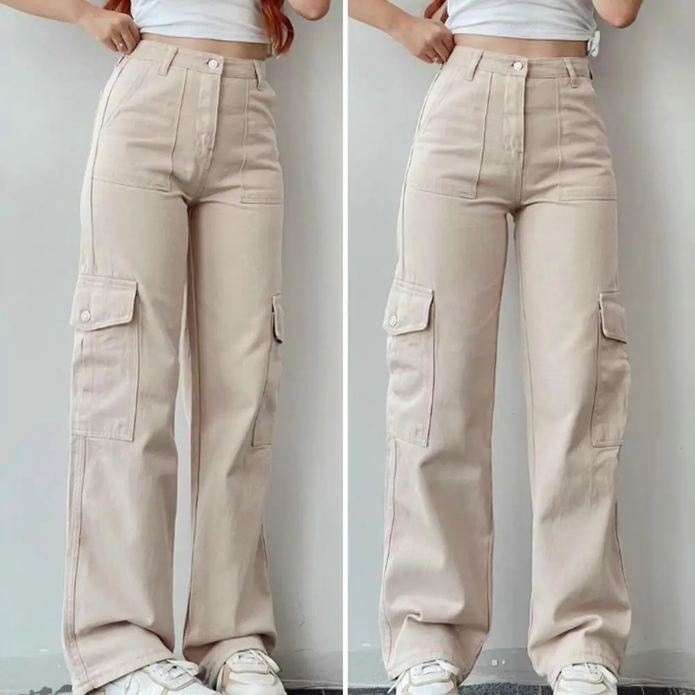 

Button Closure Trousers Women Cargo Pants Stylish Women's Cargo Pants High Waist Multi Pocket Straight Leg Trousers in for A
