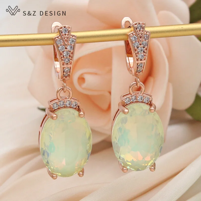 S&Z DESIGN New Fashion Cubic Zirconia Large Colorful Oval Crystal Dangle Earrings For Women Wedding 585 Rose Gold Color Jewelry