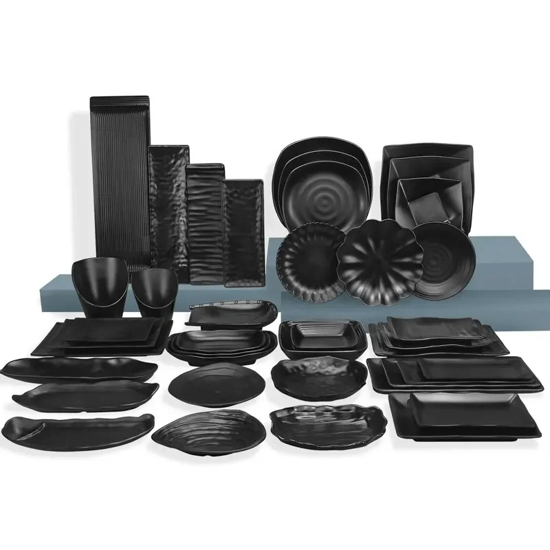 Matte Black Plate Melamine Tableware Snack Plate Square Plastic Dinner Kitchen Supplies Commercial Rotisserie Side Dishes