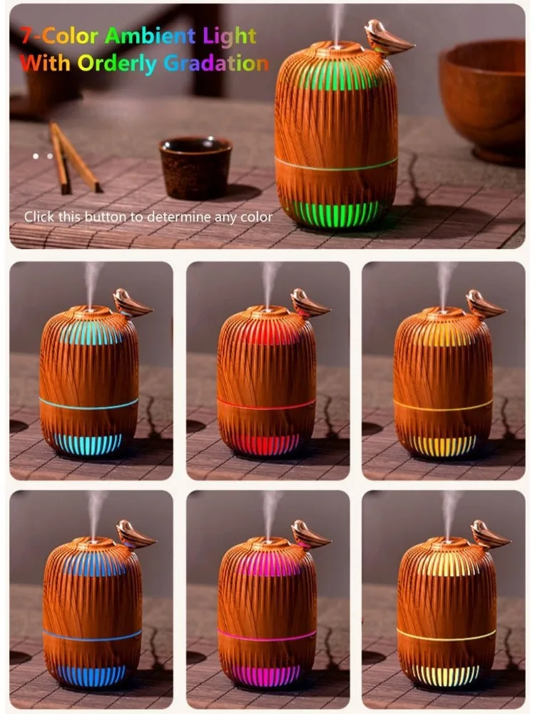 나뭇결 무늬 새 모양 가습기 7색 LED 무드등 280ml USB 저소음 초음파 쿨 미스트 가정용 침실 사무실 책상 차량용