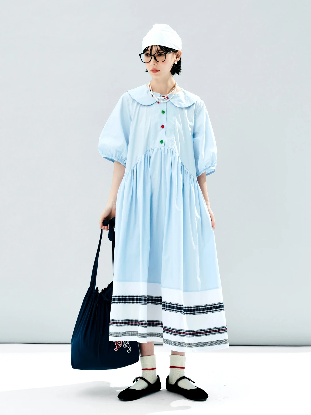 imakokoni summer pure cotton artistic color matching puff sleeves big hem loose long dress 244611