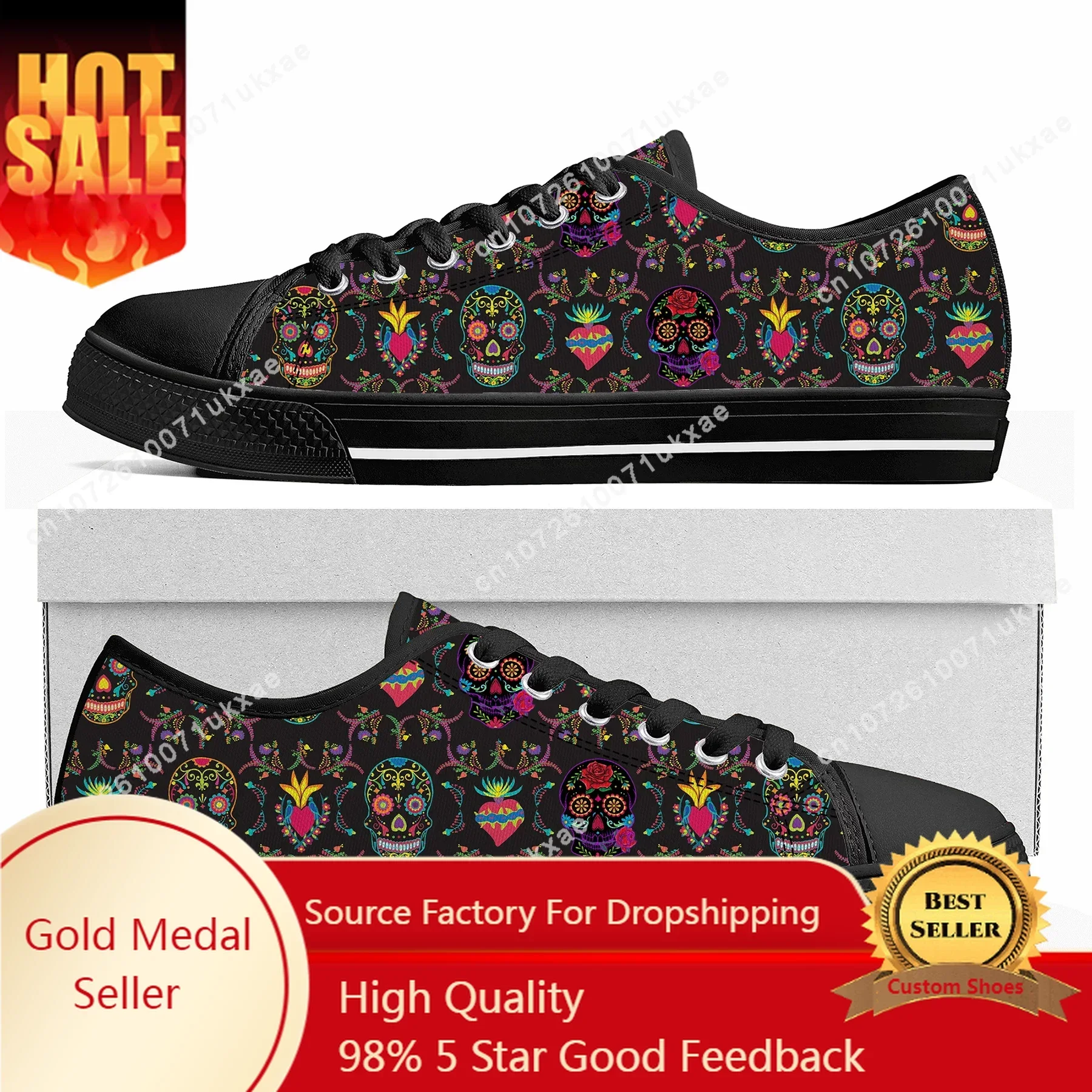 Retro Sugar Skull Floral Printed Low Top Sneakers Mens Womens Teenager Canvas Sneaker Casual Custom Made Shoes Customize Shoe