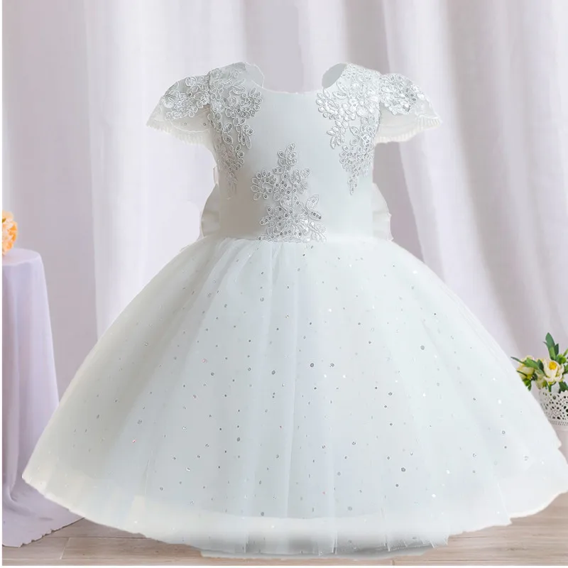 Baby Sequin Flower Dress 12M Girl White Baptism Bow Tutu Gown Girl