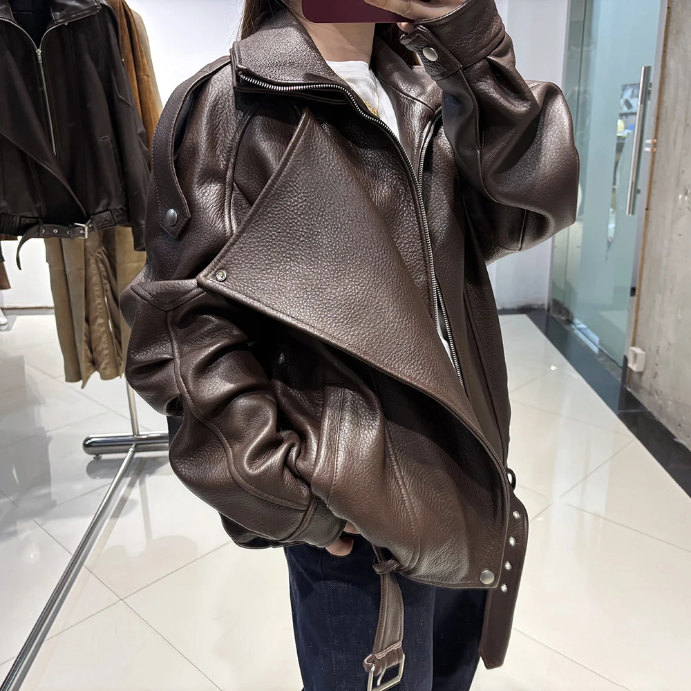 YOLOAgain Women's Real Leather Jacket 2025 Autumn Oversized Vintage Sheepskin Coat Female