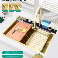 Luxury Black Golden Smart Waterfall Kitchen Sink Integrated Multifunction Digital Display Set Stainless Steel Large Single Slot 1
