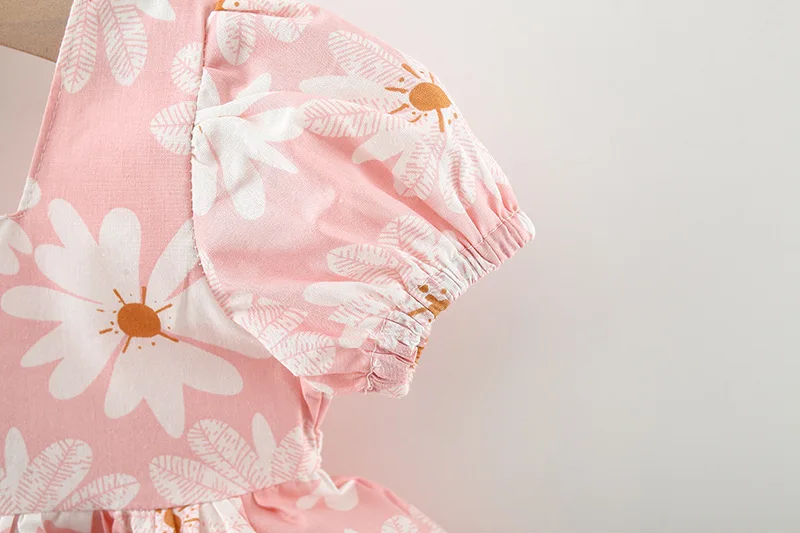 Sweet Children's Clothing Summer Flowers Puff Sleeves Baby Girls Dresses Fashion Bow Toddler Thin Kids Costume 0 To 3 Years Old