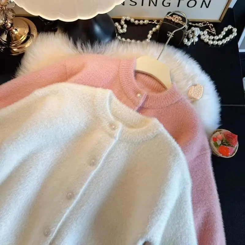 2025 가을 밍크 퍼 스웨터 가디건 새로운 디자인 루즈핏 스웨터 레이지 니트 숏 재킷 탑 캐주얼 120-160CM