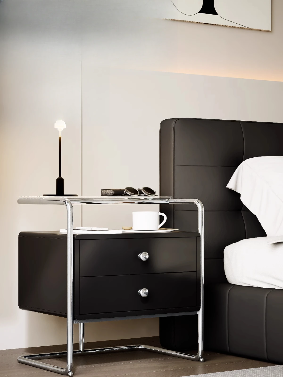 Mid-Century Bedside Table-Stainless Steel Storage Cabinet with Wrought Iron Frame (Non-Toxic Black)