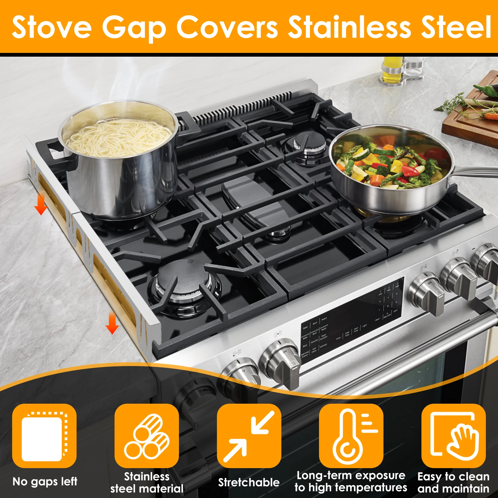 2Pcs Stainless Steel Stove Gap Guards Adjustable Length Heat Resistant Fillers stove gap cover