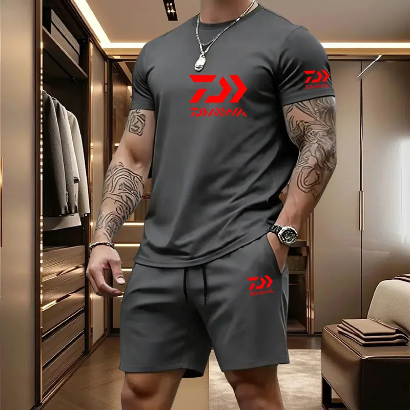 2026 Summer Men's Short Sleeved T-shirt Drawstring Shorts Set Breathable Outdoor Sports Set Men's Daily Fishing Suit - Image 11