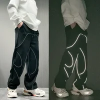 Night Club Reflective Strip Straight Loose Pants Men Women Drawstring Stretch Waist Ankle Binding Pants Four Seasons Sweatpants 1
