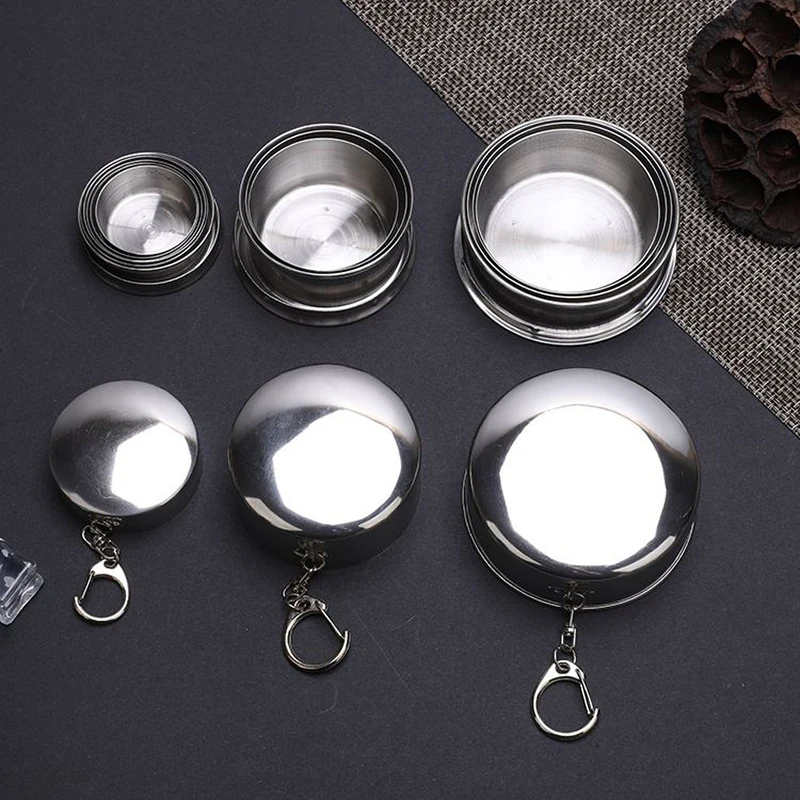 Portable Stainless Steel Folding Cup Outdoor Travel Belt Key Chain Retractable Portable Coffee Cup 75ml/150ml/250ml Drinking Set