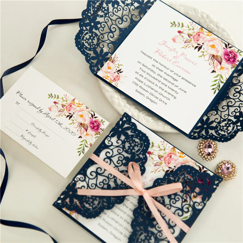 Description Picture 2 of item50 Pieces Laser Cut Floral Navy Wedding Invitation Card, Personalized Print Quinceanera Pearly Invitations With RSVP Card IC146