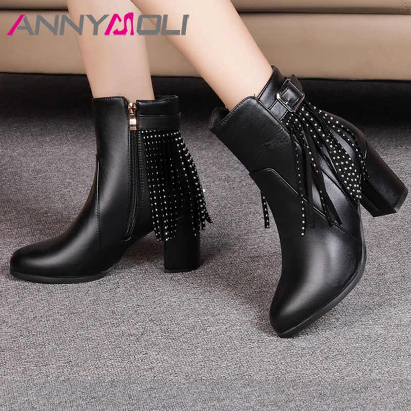 

ANNYMOLI Women Ankle Boot Round Toe Thick High Heels Tassel Buckle Zipper Rivets Short Boot Ladies Fashion Shoes Winter Black 46