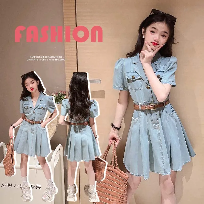 

Summer Junior kids Girl Denim Dress Teenager Girl Single-breasted One-piece Bubble Sleeve Pleated Dresses School Girl clothes
