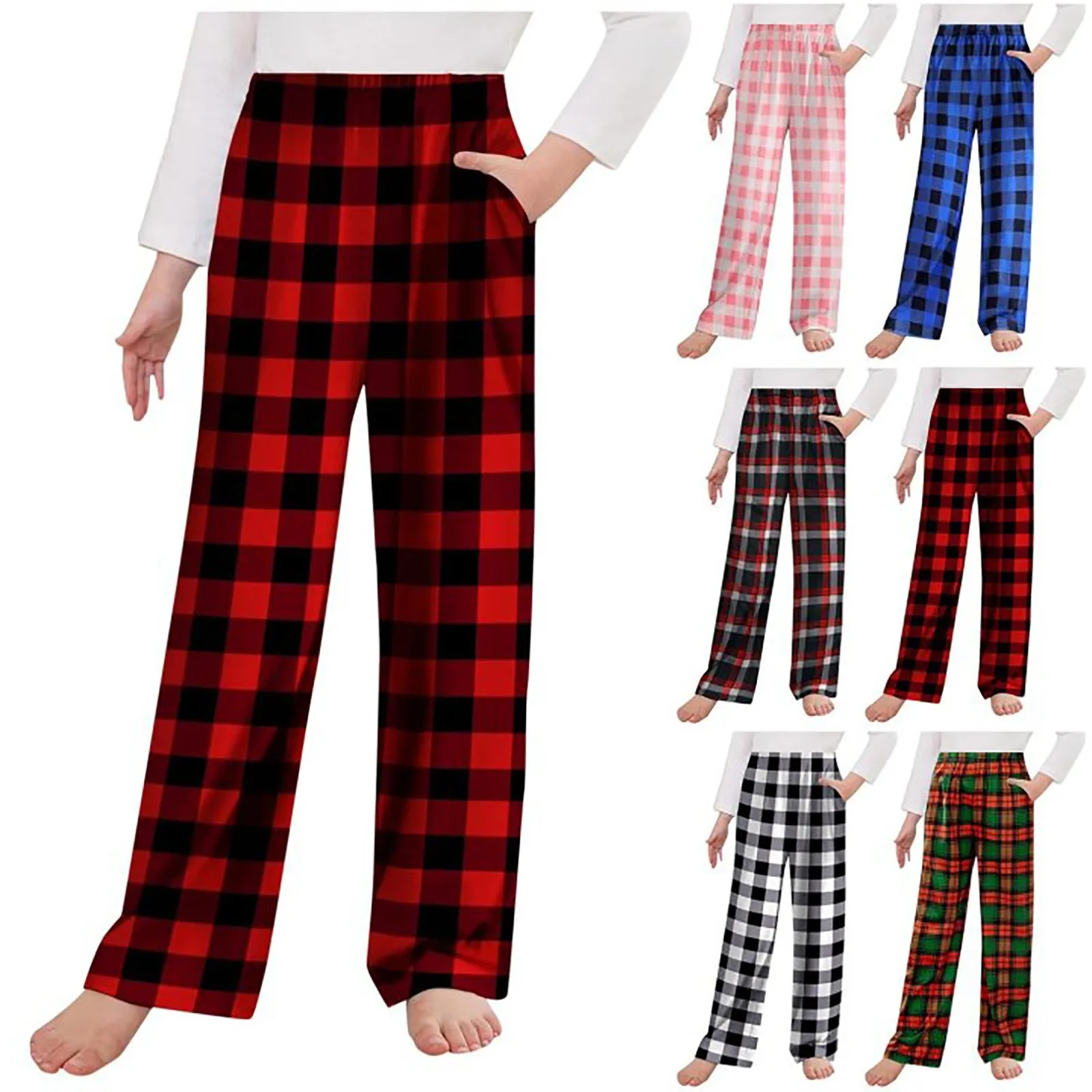 Y2k Style Autumn Plaid Print Pajamas Pants For Kids Girls Straight-Leg Soft Pj Bottoms Elastic Waist Block Color Homewear Pants