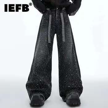IEFB High Street Men Denim Pants Hot Diamond Ribbon Washed Vintage Trousers Straight Wide Leg Male Jeans Stylish Autumn 24E2100 1