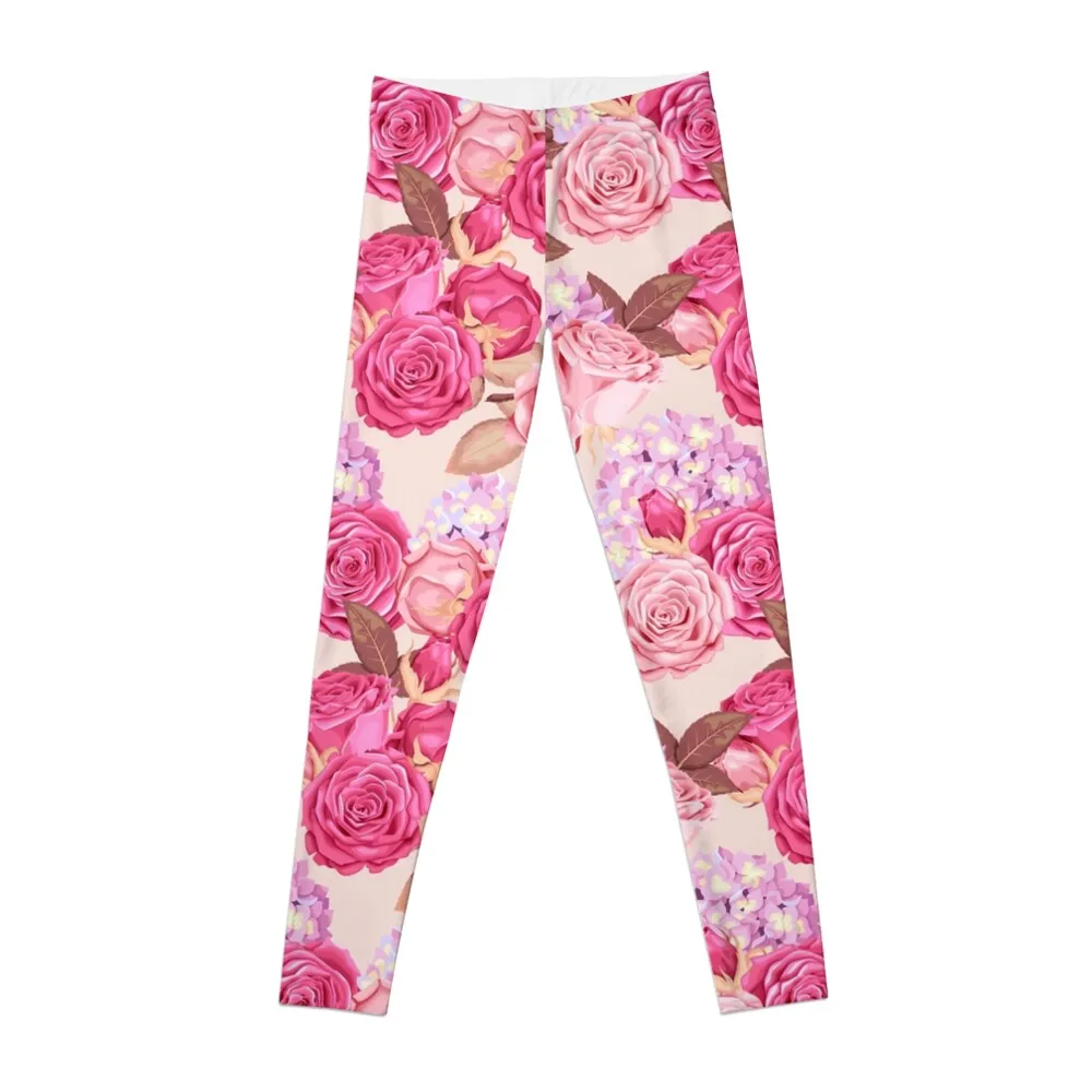 

Pink Roses Painting & Purple Hydrangea Flowers Leggings leggins for Women