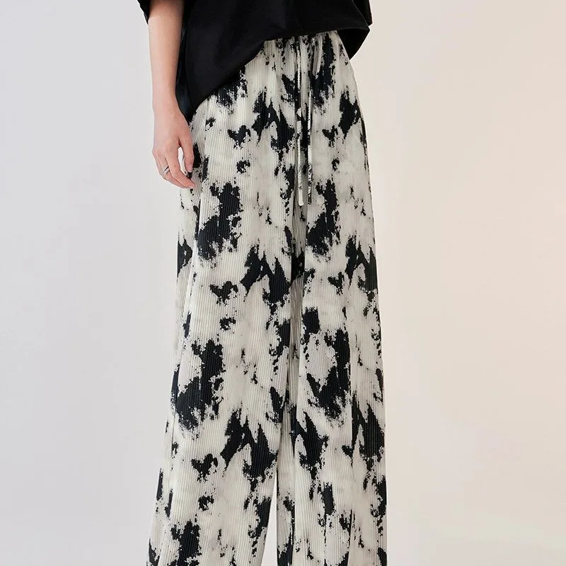 England Dip-dye Ruched Casual Wide Leg Pants Women's Summer Thin Elasticized High-waisted Drawstring Straight Loose Full Length