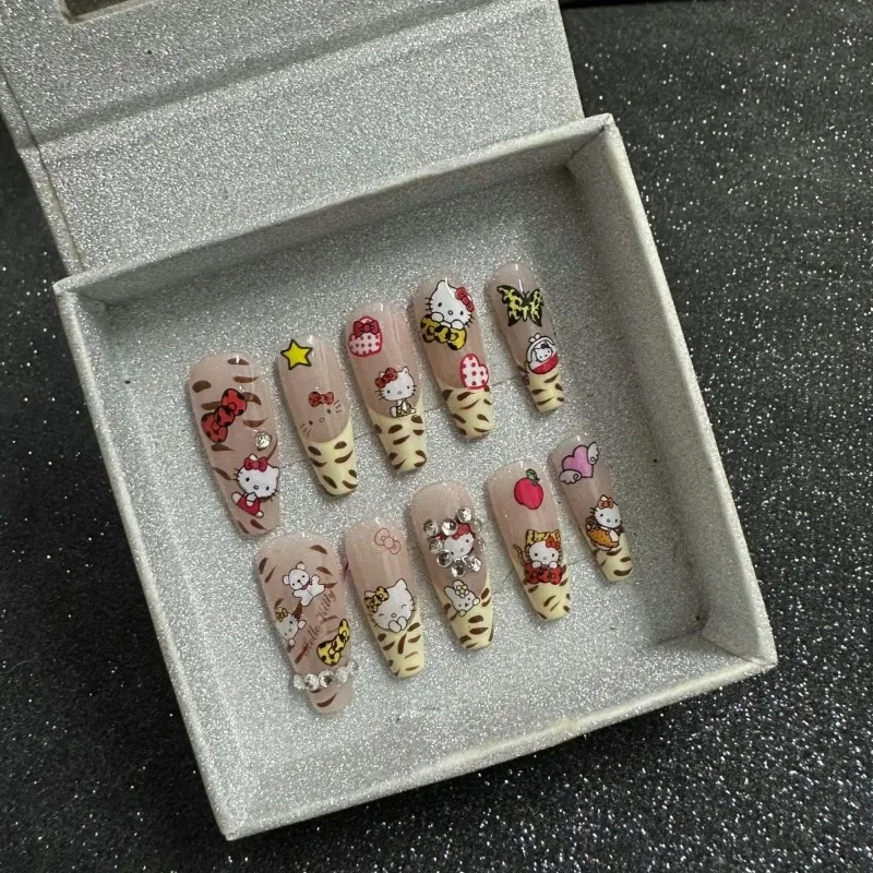 

Sanrio Cute Leopard Print Hello Kitty French Manicure Handmade Detachable Nail Patch Y2k Girly Fake Nails Anime Accessories Gift
