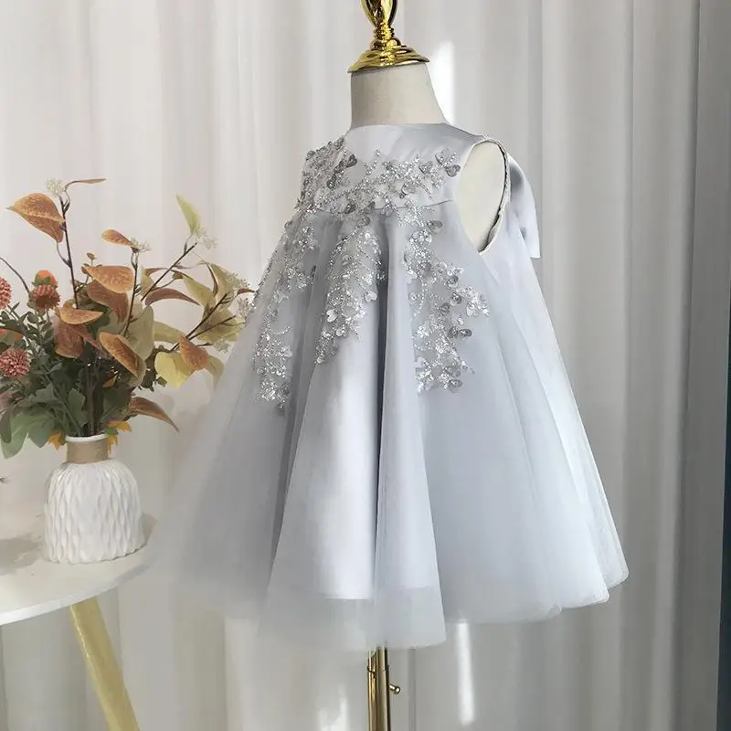 Baby Girls Champagne Beaded Empire Flower Girl Dress for Wedding