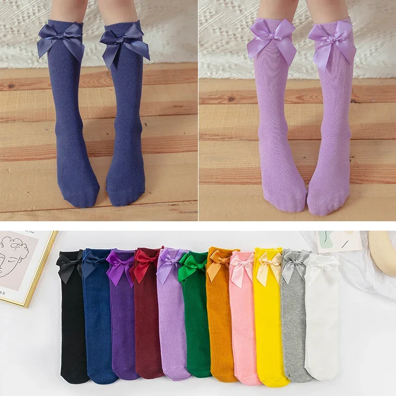 3-12 Years Summer Candy Color Bow Solid Color Tube Socks Children's Cotton Mosquito-proof Student Dancing Cute Socks
