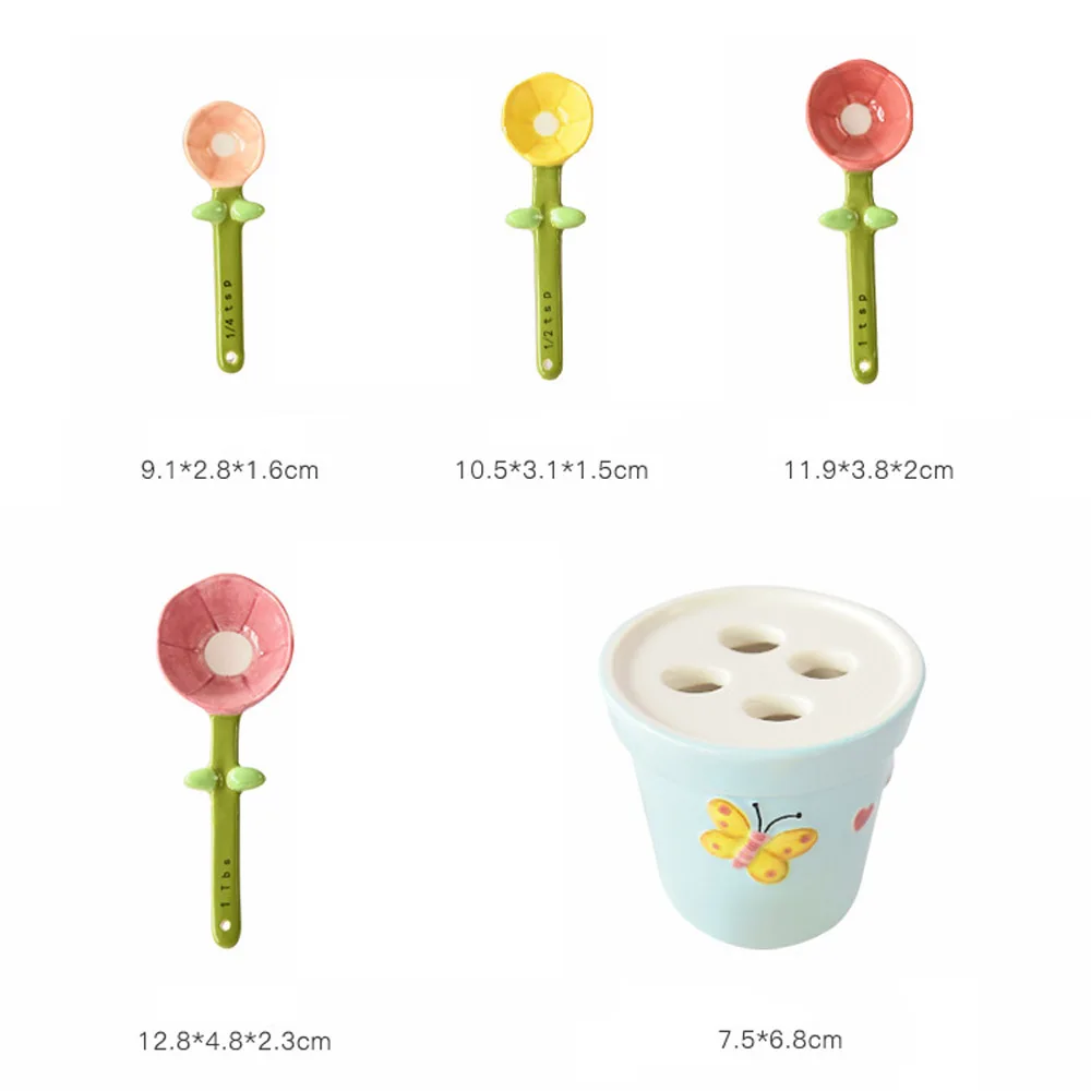 세라믹 측정 스푼 및 컵 꽃 베이킹 측정 스푼, 베이커리 장식 귀여운 요리 스푼 세트, 베이킹용 세트, 5 개/1 세트