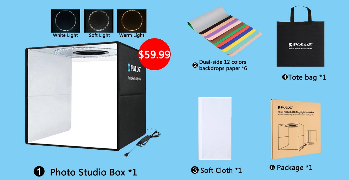 Description Picture 2 of itemPULUZ 40cm Photo Studio Light Box,72W LED Softbox Kit,Folding Photography Lightbox Studio Shooting Tent Box & 4 Color Backdrop