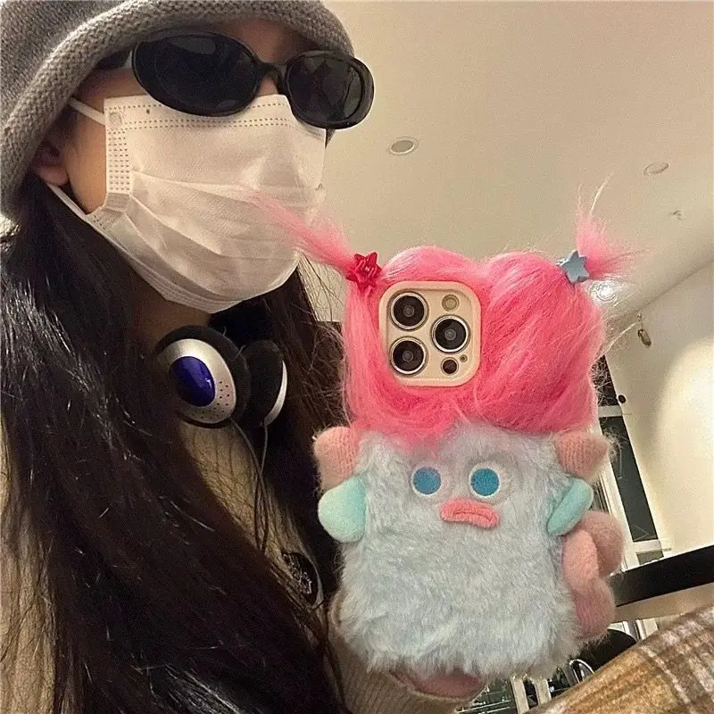 Adorable Cartoon Plush Shock-Proof Phone Case with DIY Clamp