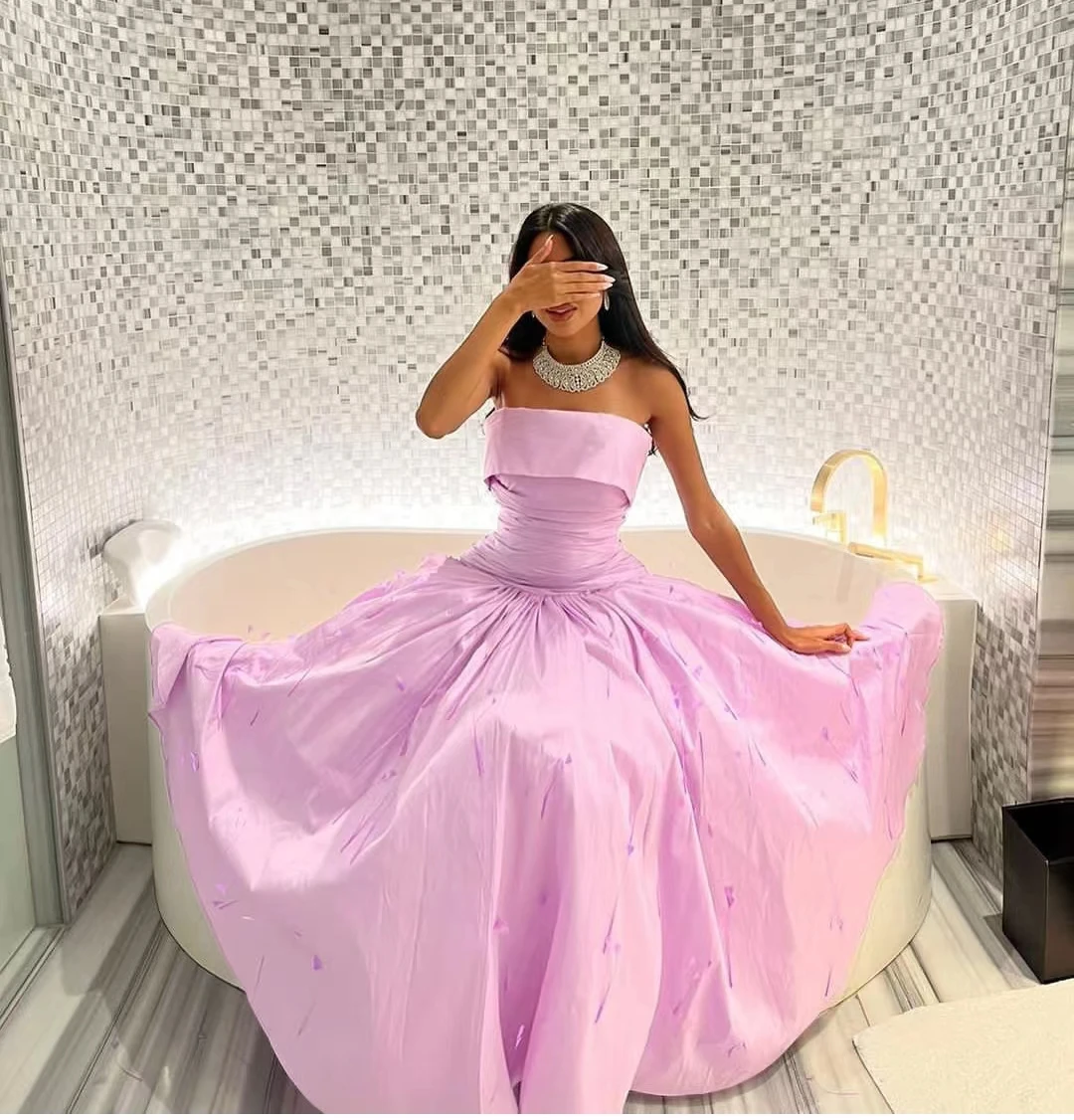 

AsaNagi Light Purple Evening Dresses Feathers Strapless A Line Simple Vintage Dress 2023 Saudi Arabic فساتين سهره فاخره