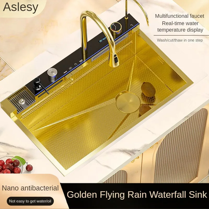 Golden Whale Kitchen Sink Digital Display Flying Rain Waterfall Large Single Slot SUS304 Stainless Steel Vegetable Washing Basin