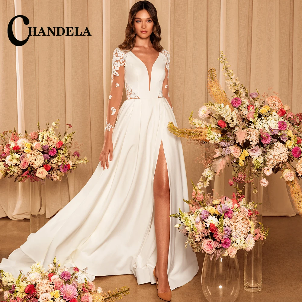 

CHANDELA Chic Satin Deep V-Neck Full Sleeve Backless Zipper Appliques Pleat Wedding Gown For Bride Made To Order Robes De Soirée