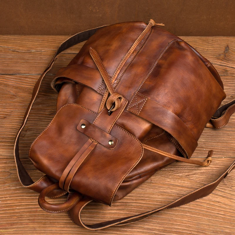 Casual leather backpack retro tide bucket bag men's leather backpack large capacity travel bag 15 inch computer bag neutral