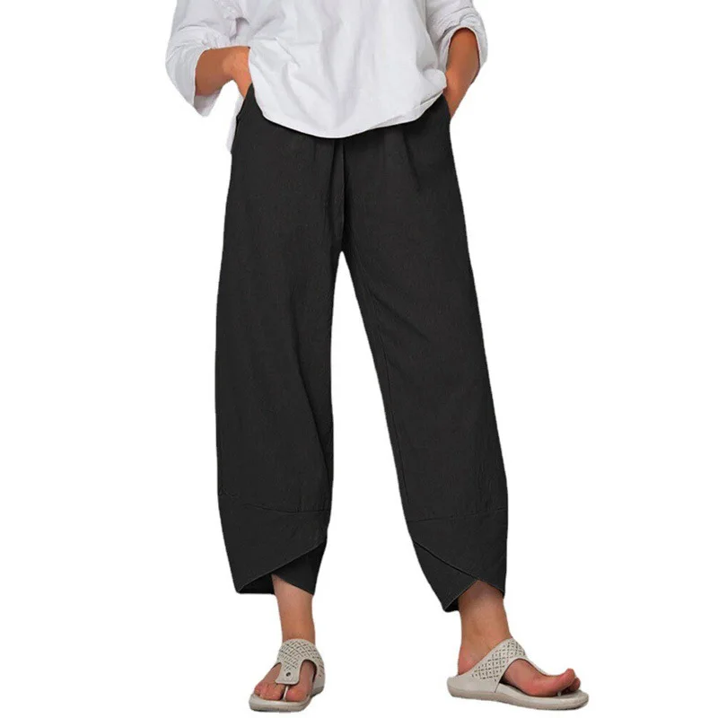 Spring and Summer New Women's Cotton Hemp Wide Leg Pants Solid Color Large Size High Waist Loose Casual Nine-point Pants Women