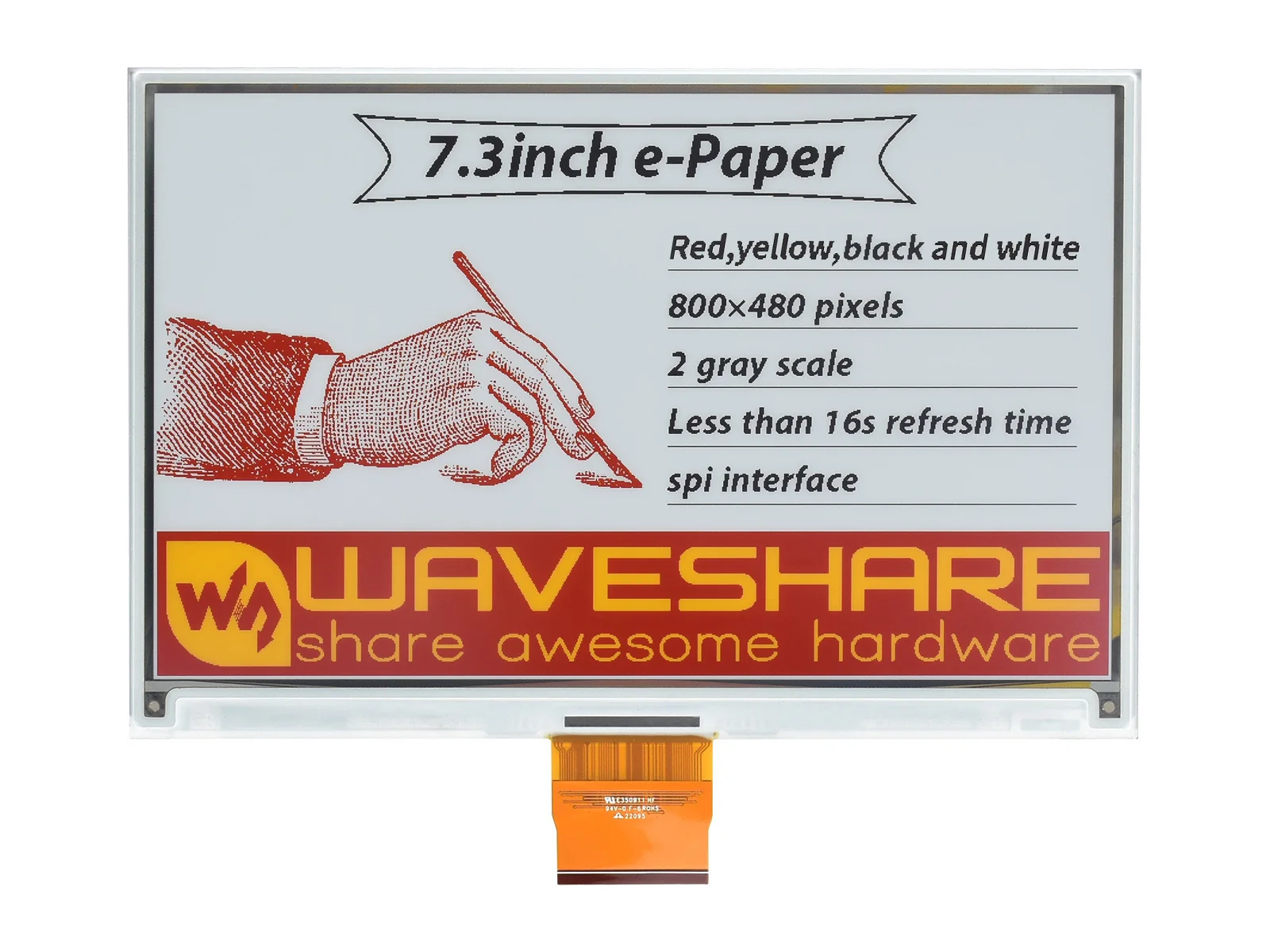 

7.3inch e-Paper (G) raw display, 800 × 480, Low Power, Wide Viewing Angle,Ideal for shelf labels, industrial instruments...