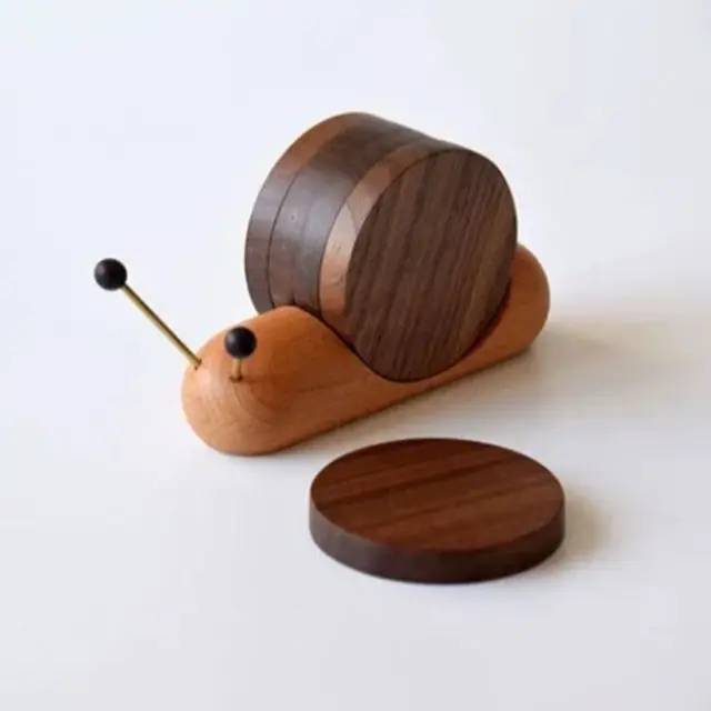 Cute Snail Wooden Drink Coaster Set – Magnetic Heat-Resistant Walnut Cup Mats for Tea, Coffee & Living Room Decor 5