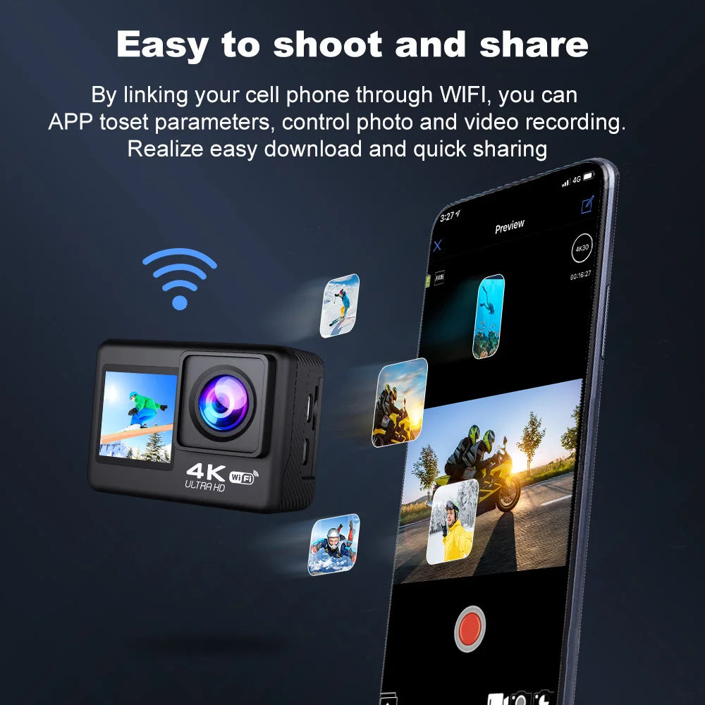 Action Camera 4K 30FPS 24MP WiFi 170° Wide Angle Len Dual Screen Display Video Camera 30M Underwater Waterproof Sport Camera 4