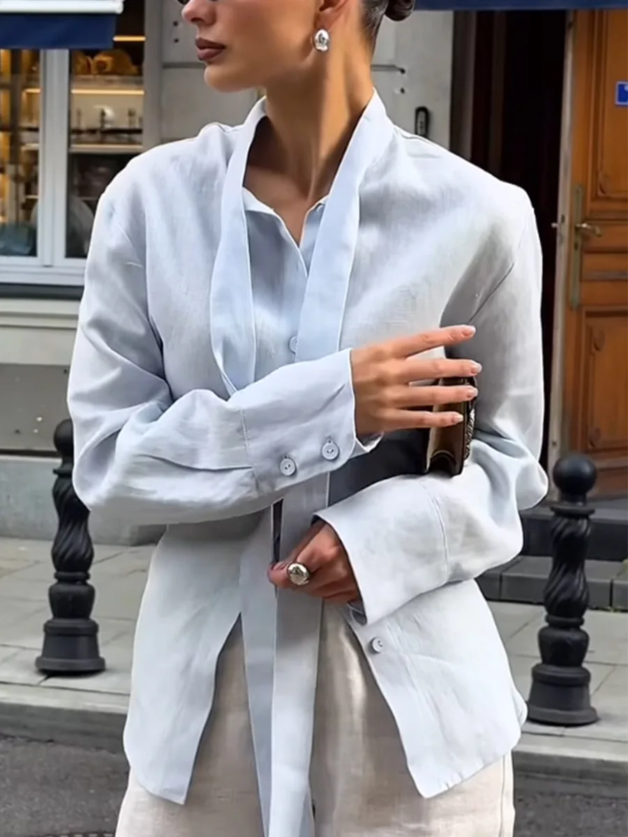 Bornladies New Autumn Tie Belted Shirt Women's  Floating Ribbon Cardigan Top Commuting 100% Cotton Slim Blouse