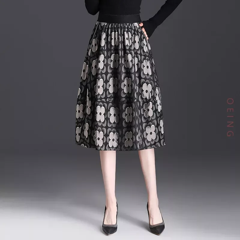 

Women Elastic High Waist Print Mid-long Bubble Skirt Spring Autumn Office Lady Elegant Chic Loose Casual Pettiskirt M-4XL 2862