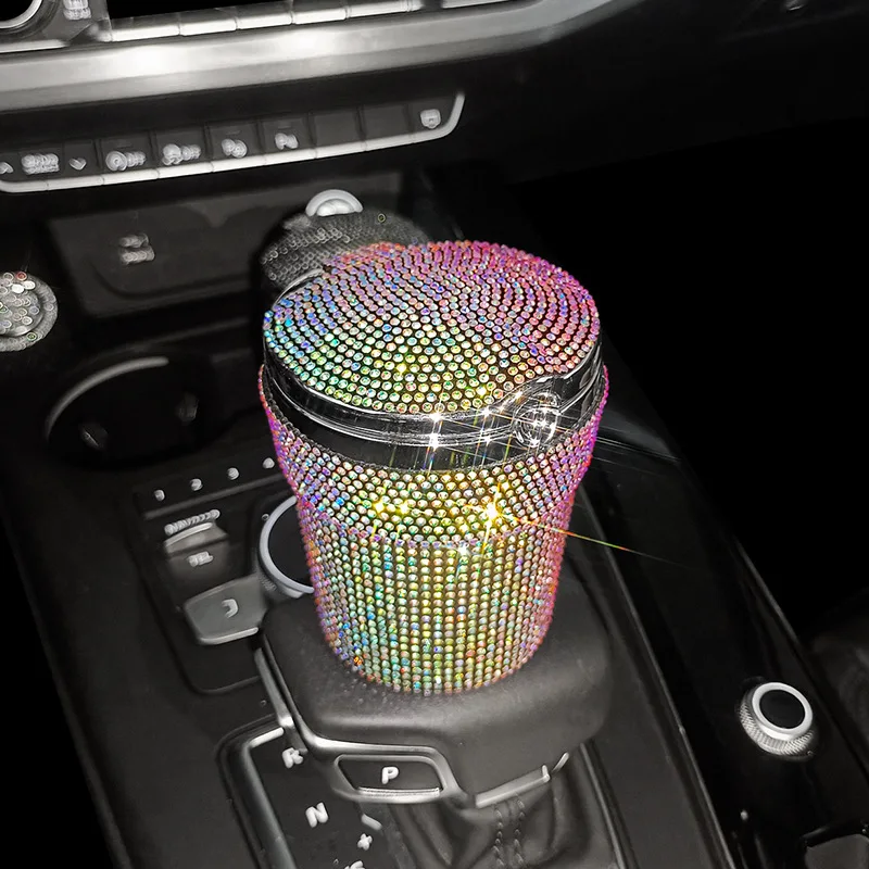 Car Ashtray Portable Bling Cigarette Smokeless Cylinder Cup Holder with Blue LED Light Indicator Car Accessories for Women