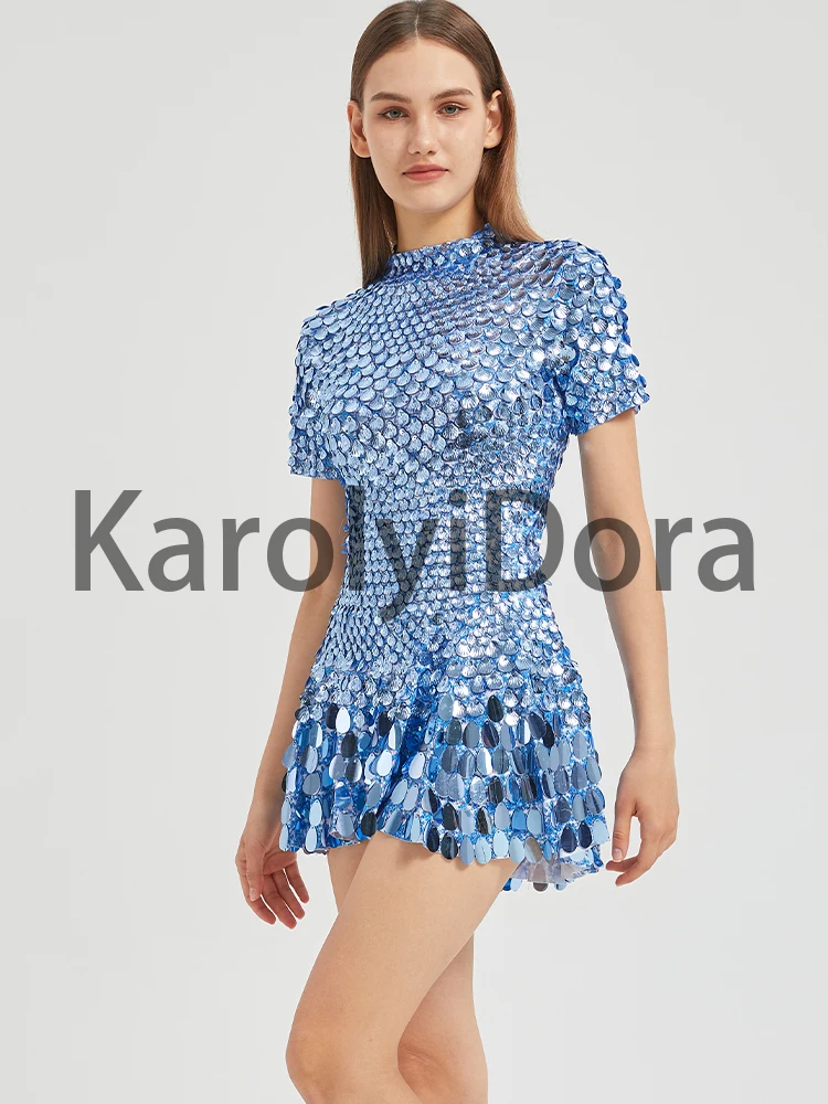 XXXL Sexy Lake Blue Shell Sequins Mini Dress Nightclub Dance
