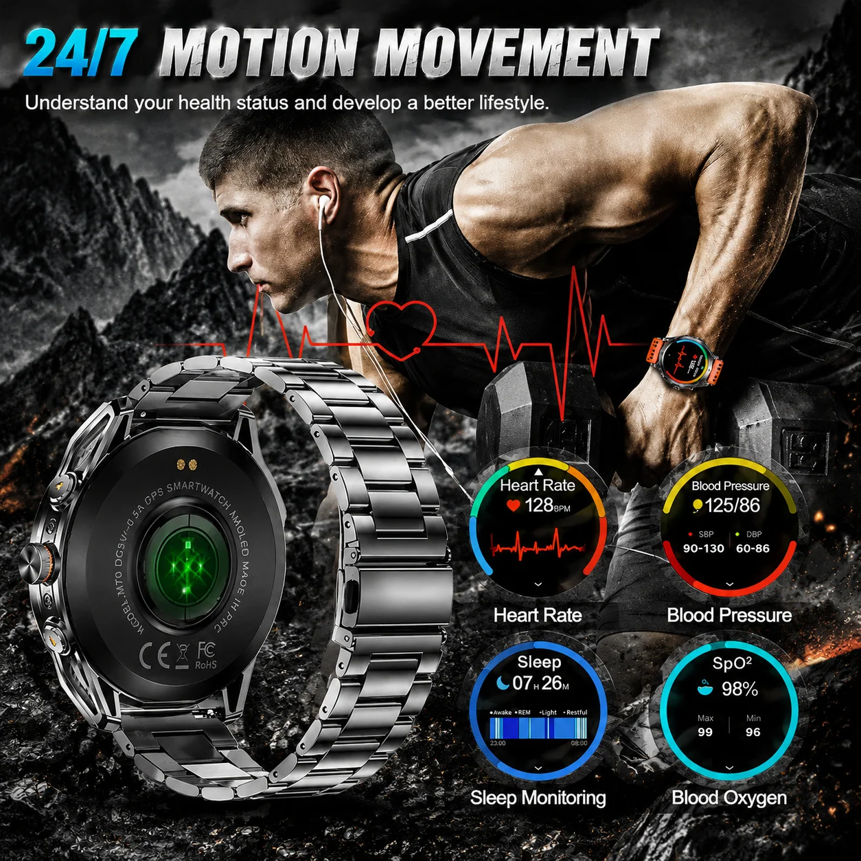 2026 New Military Smart Watch 1000Mah Battery GPS trace Compass 10ATM Waterproof Tactics Sport Flashlight call Smart Watch Men 4