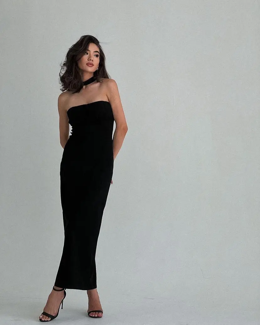 

Elegant Black Straight Sleeveless Strapless Prom Dresses Ankle Length Backless Party Dresses Formal Occasion Dresses