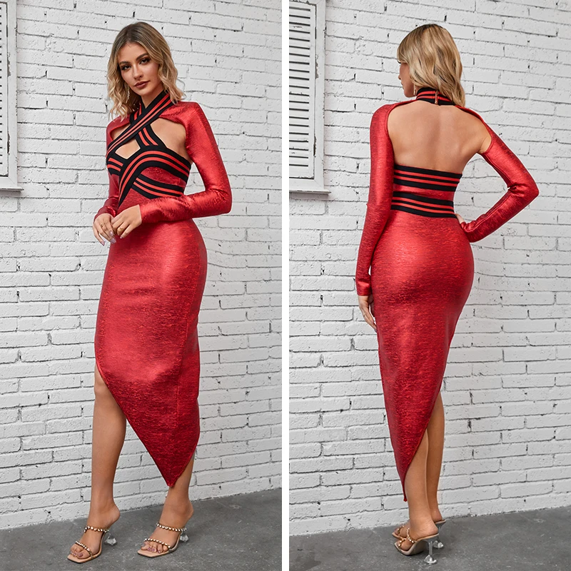 

High Quality Women's Fashion Halter Neck Bandage Dress 2023 Elegant Long Sleeve Irregular Skinny Long Party Niche Dress