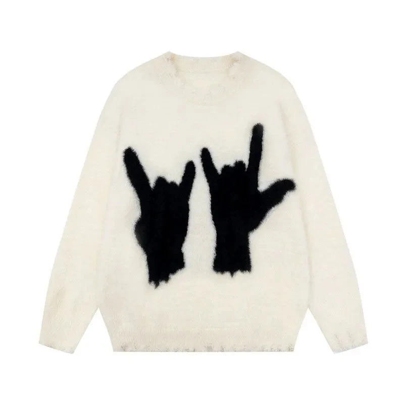 

2024 Spring Autumn New Women Street Perforated Round Neck Sweater Y2K Hip Hop punk Unisex Oversized Knitted Top Couple Pullover